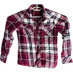 BTC Flannel Shirt Women Size S Burgundy Plaid Button Up Long Sleeves NUBBINESS
